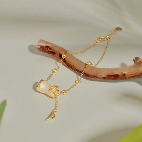Beaded Link Chain Hetian Jade Bamboo Pendant Bracelet - Lupine