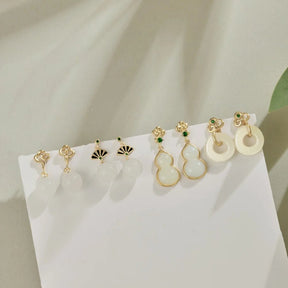 Elegant 22K Gold Plated Traditional Pattern Elements Gourd Hetian Jade Dangle Stud Earrings - Lupine