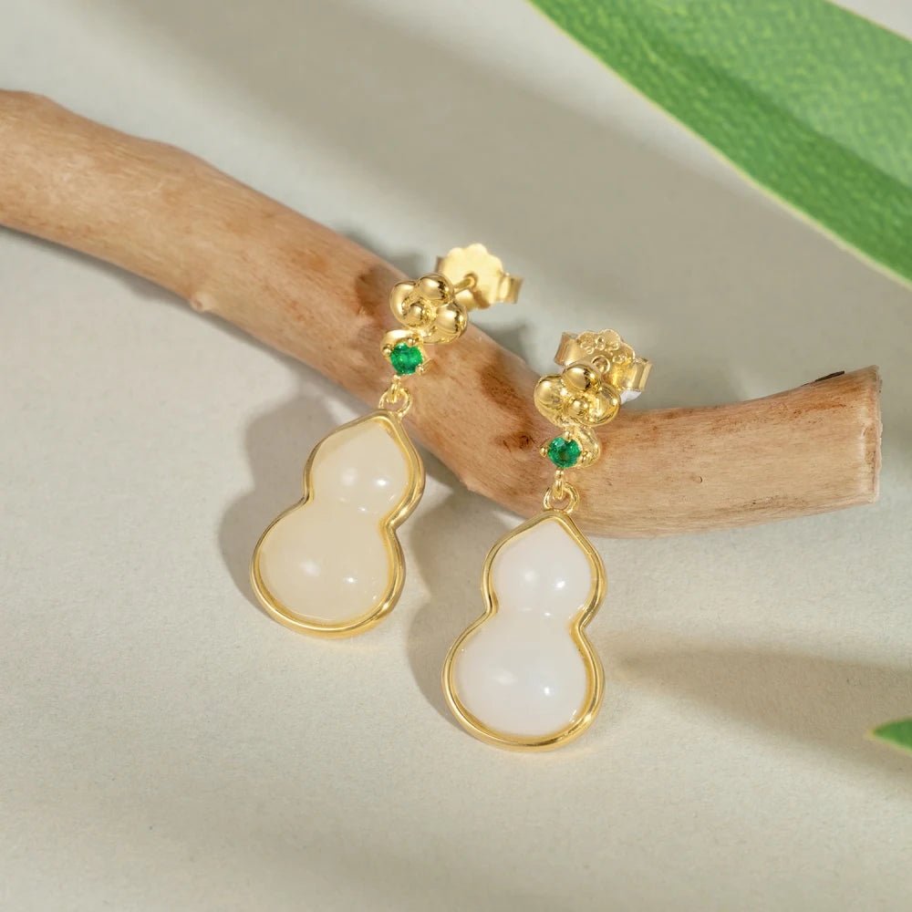 Elegant 22K Gold Plated Traditional Pattern Elements Gourd Hetian Jade Dangle Stud Earrings - Lupine
