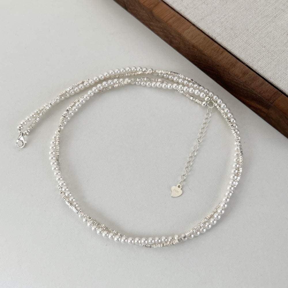 Interlock Twisted Double Layer Chain Beaded Pearl Necklace - Lupine