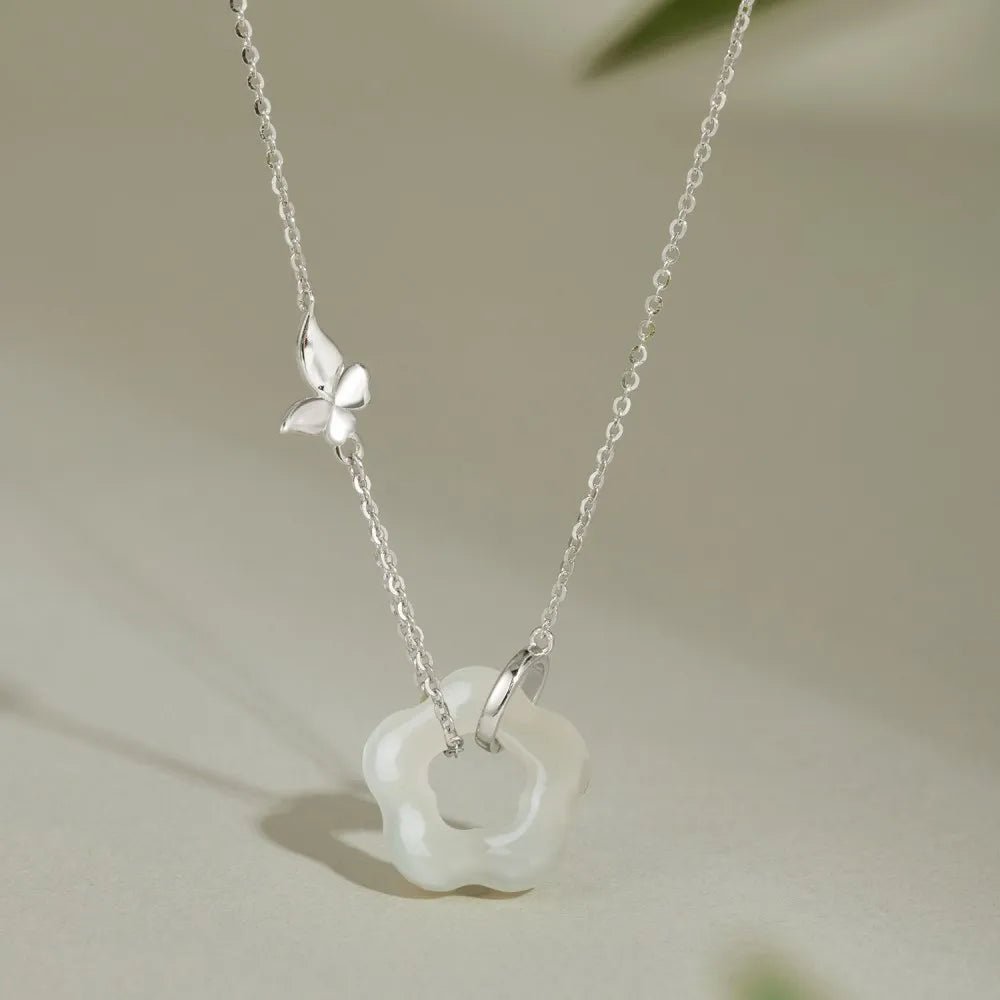 Link Chain Butterfly Flower Shape Hetian Jade Pendant Necklace - Lupine