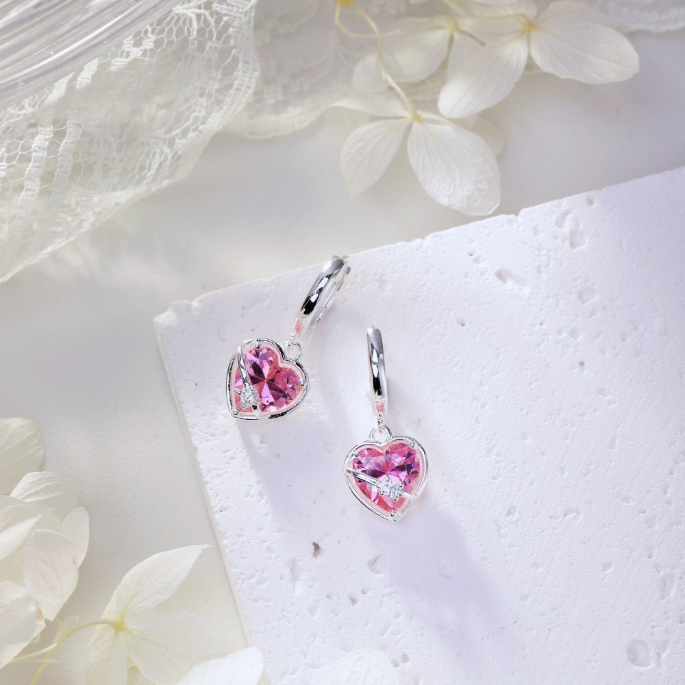 Pink Cubic Zircon Heart Drop Hoop Earrings - Lupine