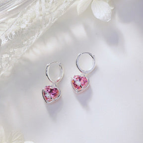 Pink Cubic Zircon Heart Drop Hoop Earrings - Lupine