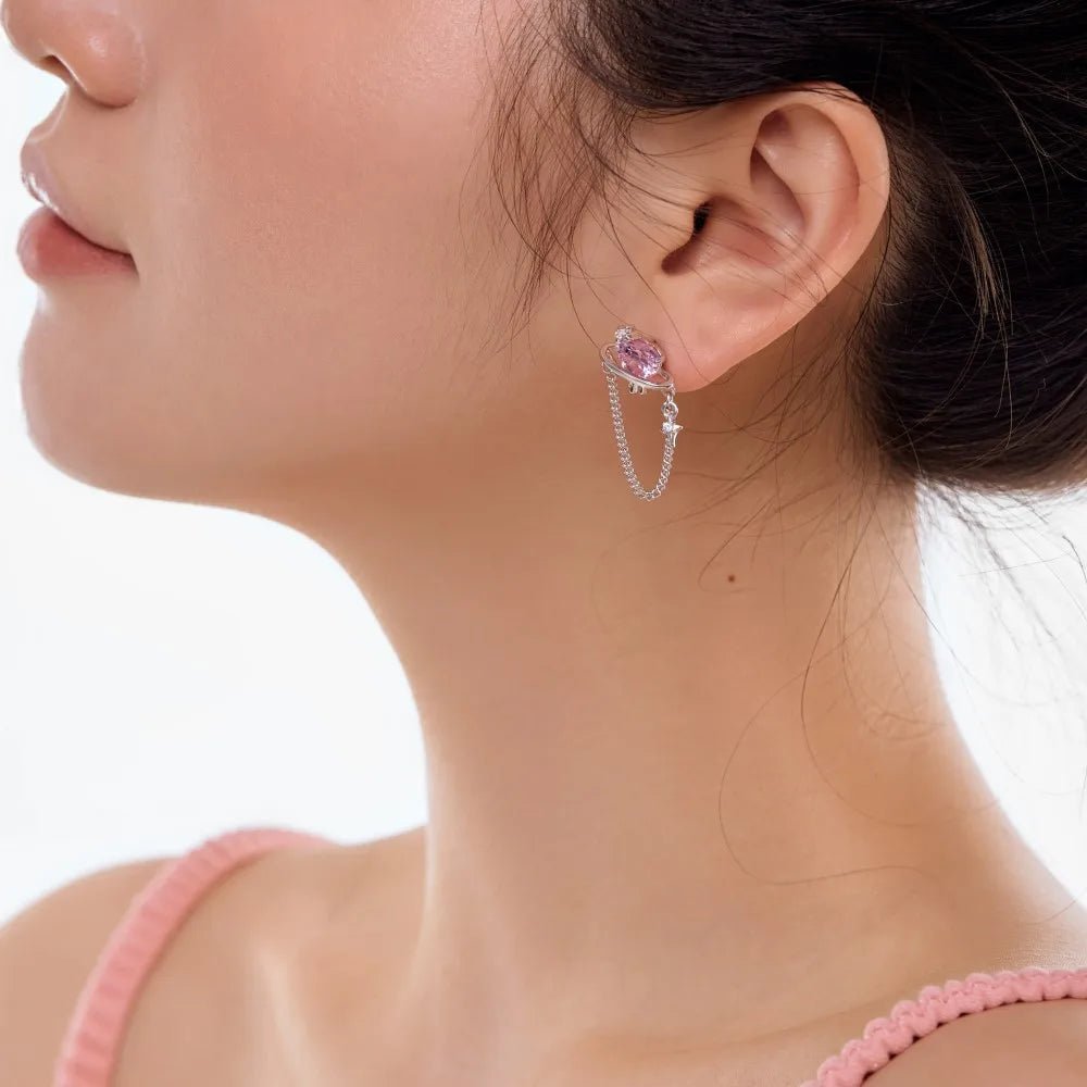 Pink Heart Link Chain Jewelry Stud Earrings - Lupine