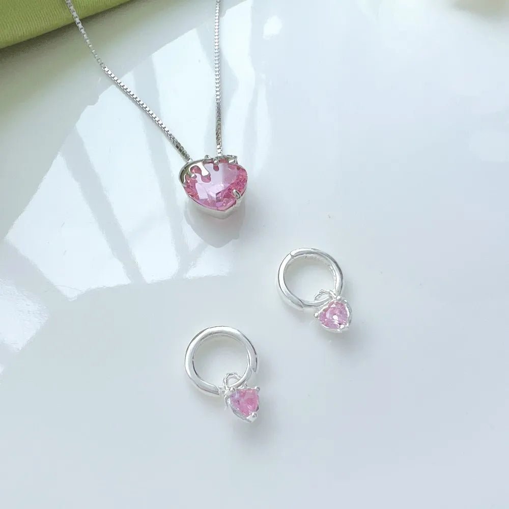Pink Heart Pendant Dangle Hoop Earring - Lupine