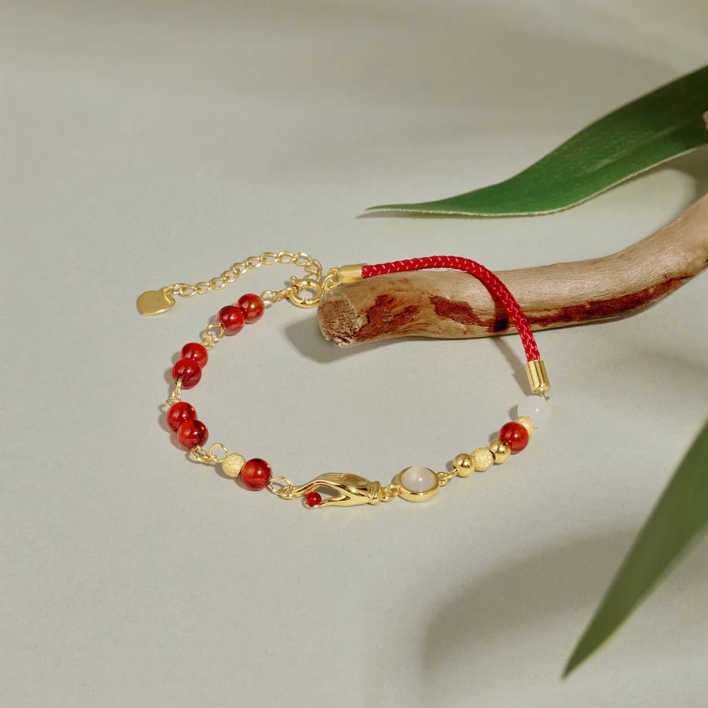 Traditional Style Buddha's Hand Garnet Red White Chalcedony Bracelet - Lupine