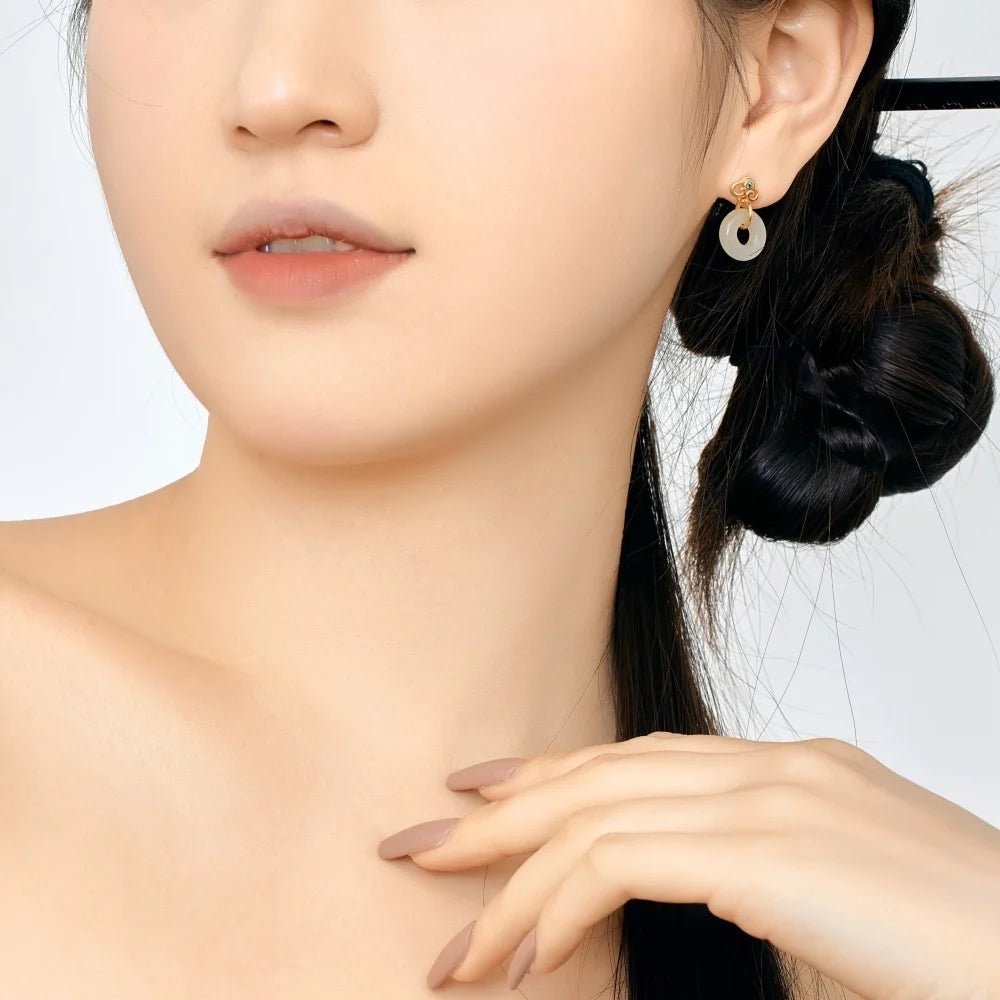 Traditional Style Circle Dangle Hetian Jade Stud Earrings - Lupine