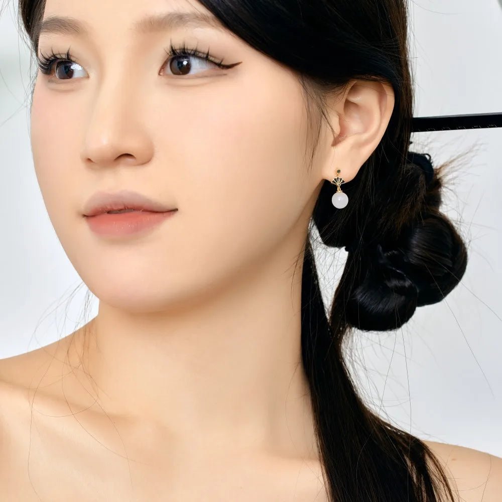 Traditional Style Folding Fan Shape Dangle Jade Stud Earrings - Lupine
