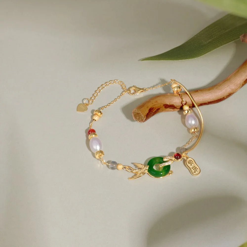 Traditional Style Link Chain Pearl Natural Chalcedony Swallow Bracelet - Lupine